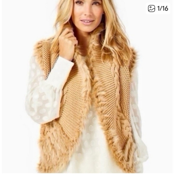 Lilly Pulitzer Torini Faux Fur And Knit Vest Size Medium Tan Metallic - Picture 2 of 8